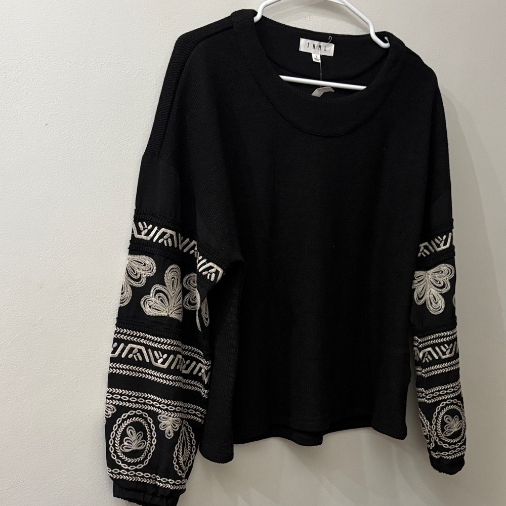 THML Anthropologie Black sweater with White Embroidered sleeves - large